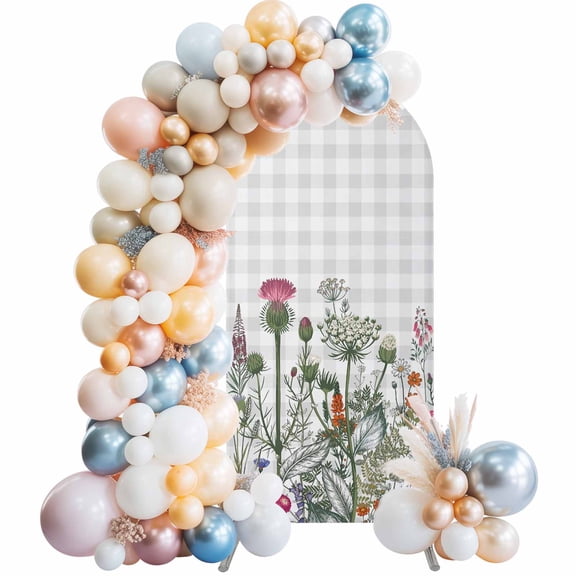 Arch Backdrop Cover 7.2 ft Butterfly Floral Arch Backdrop Stretch Medieval Flowers Leaves Grey Plaid Photo Background Arch Covers for Wedding Party Birthday Ceremony Banquet Decor Balloon Arches