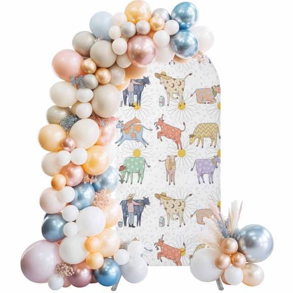 Arch Backdrop Cover 7.2 ft Cartoon Cow Arch Backdrop Stretch Fabric Colorful Farm Animal Daisy Photo Background Arch Covers for Wedding Party Birthday Ceremony Banquet Decorations Balloon Arches
