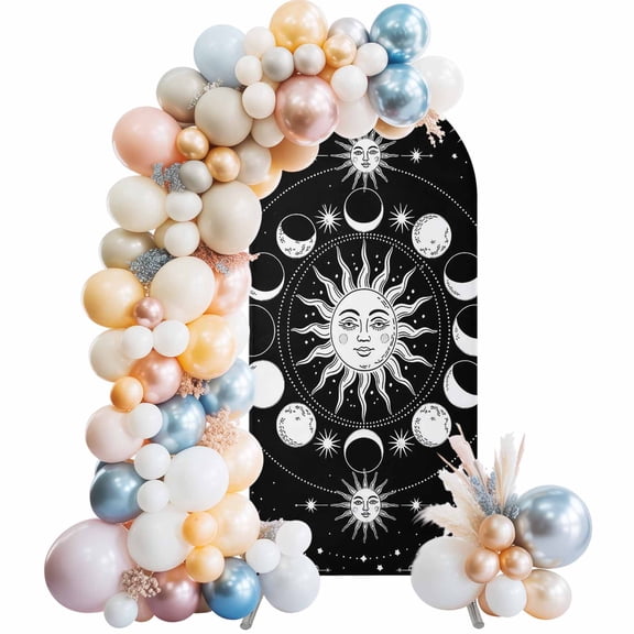 Arch Backdrop Cover 7.2 ft Celestial Sun and Moon Arch Backdrop Stretch Black Starry Galaxy Boho Photo Background Arch Covers for Wedding Party Birthday Ceremony Banquet Decorations Balloon Arches