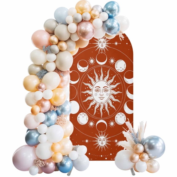 Arch Backdrop Cover 7.2 ft Celestial Sun and Moon Arch Backdrop Stretch Burnt Orange Starry Galaxy Boho Photo Background Arch Covers for Wedding Party Birthday Ceremony Banquet Decor Balloon Arches