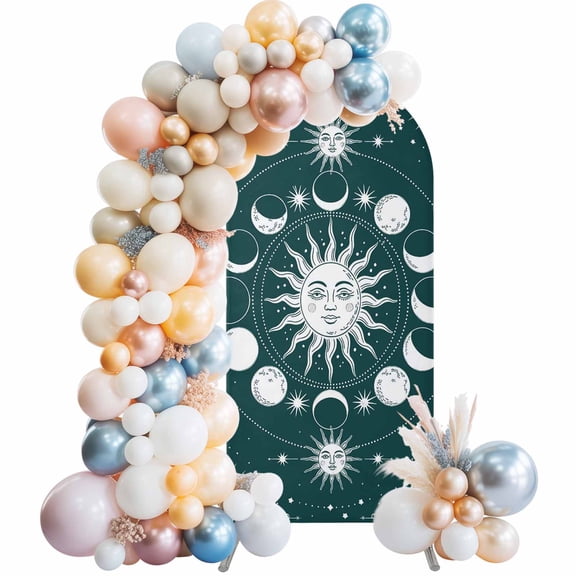 Arch Backdrop Cover 7.2 ft Celestial Sun and Moon Arch Backdrop Stretch Green Starry Galaxy Boho Photo Background Arch Covers for Wedding Party Birthday Ceremony Banquet Decorations Balloon Arches