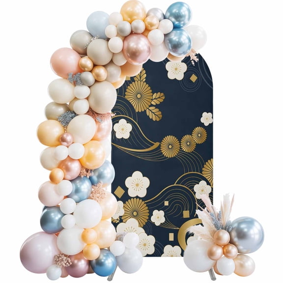 Arch Backdrop Cover 7.2 ft Cherry Blossoms Arch Backdrop Stretch Japanese Style Gold Floral Blue Photo Background Arch Covers for Wedding Party Birthday Ceremony Banquet Decorations Balloon Arches