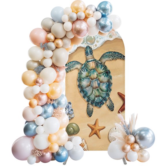 Arch Backdrop Cover 7.2 ft Coastal Sea Turtle Arch Backdrop Stretch Starfish Shell Sandy Beach Photo Background Arch Covers for Wedding Party Birthday Ceremony Banquet Decorations Balloon Arches