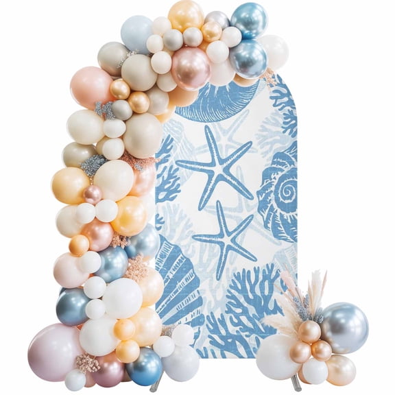 Arch Backdrop Cover 7.2 ft Coastal Shell Conch Arch Backdrop Stretch Lake Blue Ocean Coral Starfish Photo Background Arch Covers for Wedding Party Birthday Ceremony Banquet Decor Balloon Arches