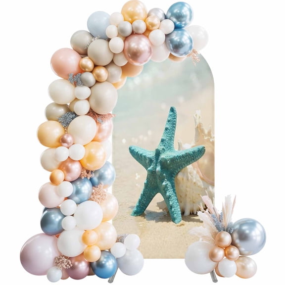 Arch Backdrop Cover 7.2 ft Coastal Starfish Shells Arch Backdrop Stretch Fabric Summer Beach Photo Background Arch Covers for Wedding Party Birthday Ceremony Banquet Decorations Balloon Arches