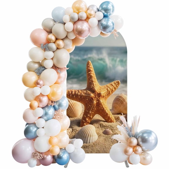 Arch Backdrop Cover 7.2 ft Coastal Starfish Shells Arch Backdrop Stretch Fabric Summer Sandy Beach Photo Background Arch Covers for Wedding Party Birthday Ceremony Banquet Decorations Balloon Arches