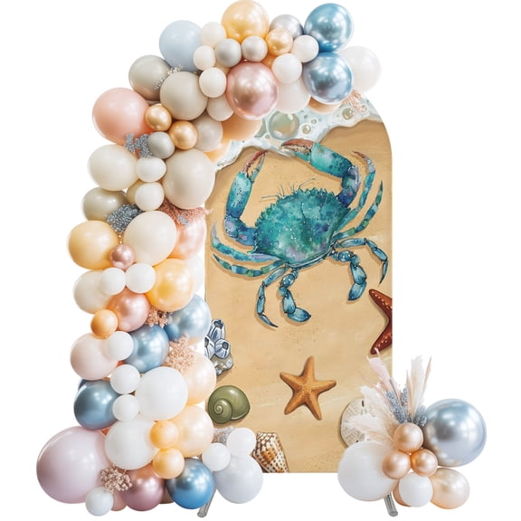 Arch Backdrop Cover 7.2 ft Coastal Teal Crab Arch Backdrop Stretch Starfish Shell Sandy Beach Photo Background Arch Covers for Wedding Party Birthday Ceremony Banquet Decorations Balloon Arches