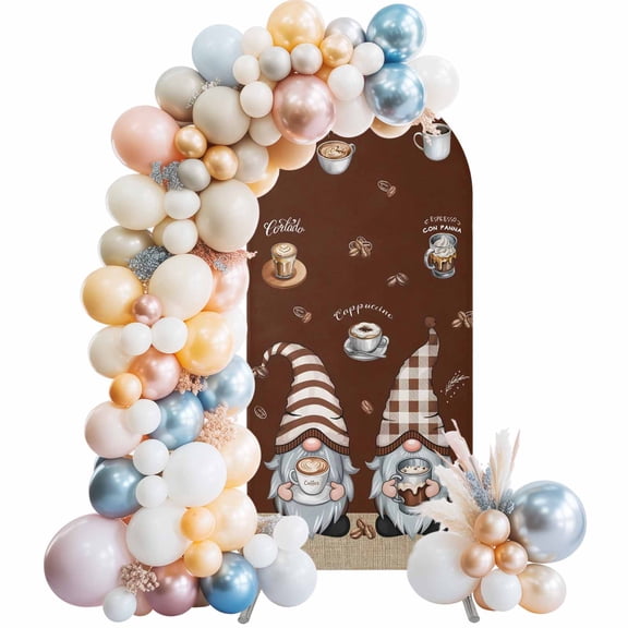 Arch Backdrop Cover 7.2 ft Coffee Cup Gnome Arch Backdrop Stretch Fabric Coffee Beans Brown Photo Background Arch Covers for Wedding Party Birthday Ceremony Banquet Decorations Balloon Arches