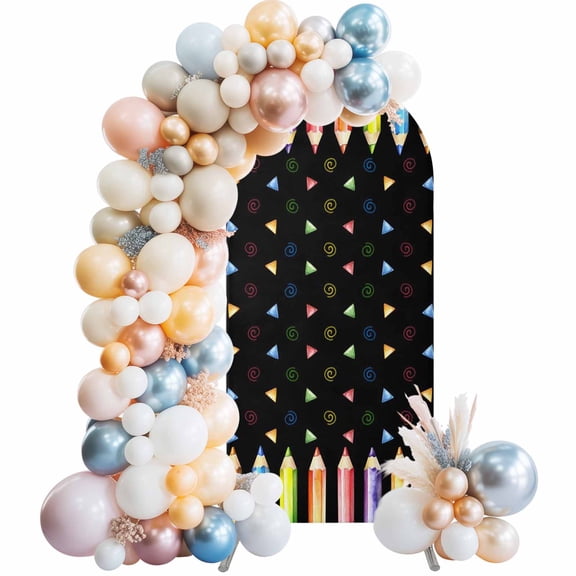 Arch Backdrop Cover 7.2 ft Colored Pencils Arch Backdrop Stretch Childlike Building Blocks Black Photo Background Arch Covers for Wedding Party Birthday Ceremony Banquet Decorations Balloon Arches
