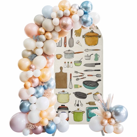 Arch Backdrop Cover 7.2 ft Cooking Kitchenware Arch Backdrop Stretch Fabric Kitchen Tool Pattern Photo Background Arch Covers for Wedding Party Birthday Ceremony Banquet Decorations Balloon Arches