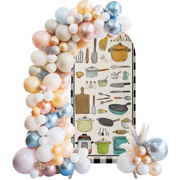 Arch Backdrop Cover 7.2 ft Cooking Kitchenware Arch Backdrop Stretch Kitchen Tool Black Plaid Photo Background Arch Covers for Wedding Party Birthday Ceremony Banquet Decorations Balloon Arches