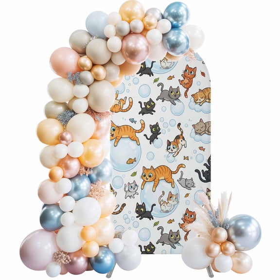 Arch Backdrop Cover 7.2 ft Cute Cat Bubble Arch Backdrop Stretch Fabric Playing Animal Catty Fish Photo Background Arch Covers for Wedding Party Birthday Ceremony Banquet Decorations Balloon Arches