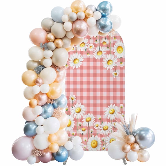 Arch Backdrop Cover 7.2 ft Daisy Floral Arch Backdrop Stretch Spring Summer Flower Pink Plaid Photo Background Arch Covers for Wedding Party Birthday Ceremony Banquet Decorations Balloon Arches