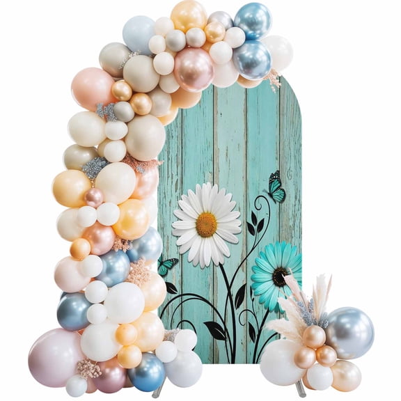 Arch Backdrop Cover 7.2 ft Daisy Flower Butterfly Arch Backdrop Stretch Teal Blue Rustic Wood Grain Photo Background Arch Covers for Wedding Party Birthday Ceremony Banquet Decor Balloon Arches