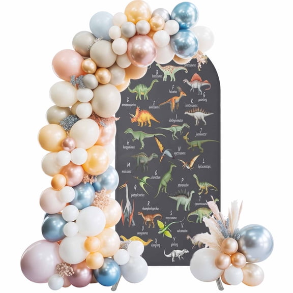 Arch Backdrop Cover 7.2 ft Dinosaur Family Arch Backdrop Stretch Learning Alphabet A to Z Name Grey Photo Background Arch Covers for Wedding Party Birthday Ceremony Banquet Decor Balloon Arches