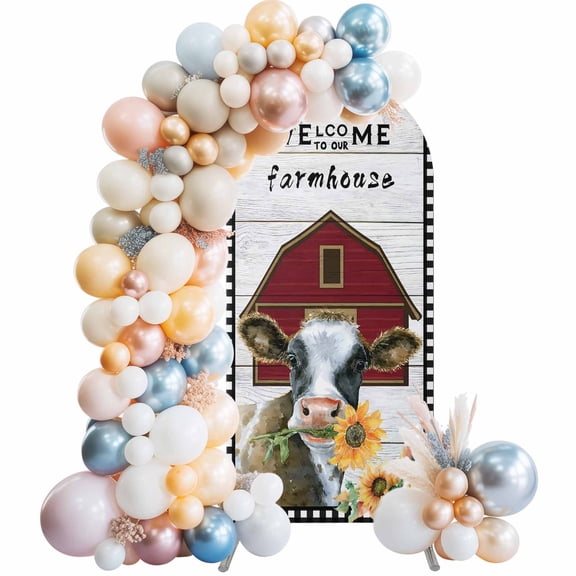 Arch Backdrop Cover 7.2 ft Farmhouse Cow Arch Backdrop Stretch Sunflower Barn Windmill Plaid Retro Wood Photo Background Arch Covers for Wedding Party Birthday Ceremony Banquet Decor Balloon Arches