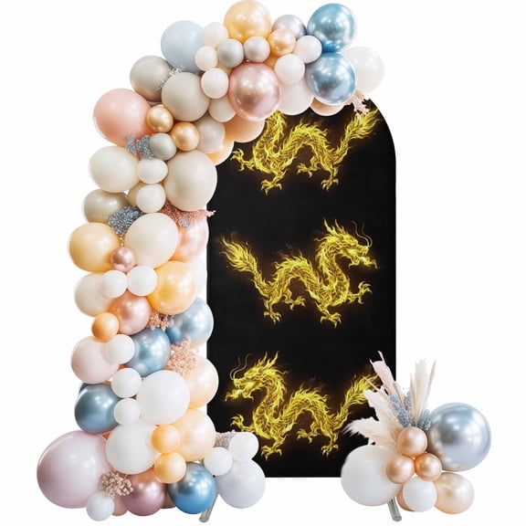 Arch Backdrop Cover 7.2 ft Flames Dragon Arch Backdrop Stretch Fabric Yellow Modern Art Photo Background Arch Covers for Wedding Party Birthday Ceremony Banquet Decorations Balloon Arches