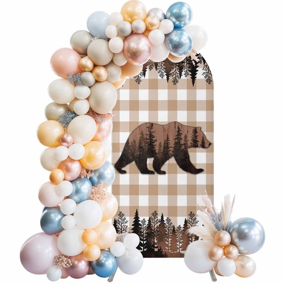 Arch Backdrop Cover 7.2 ft Forest Bear Arch Backdrop Stretch Animal Retro Pine Tree Brown Plaid Photo Background Arch Covers for Wedding Party Birthday Ceremony Banquet Decorations Balloon Arches