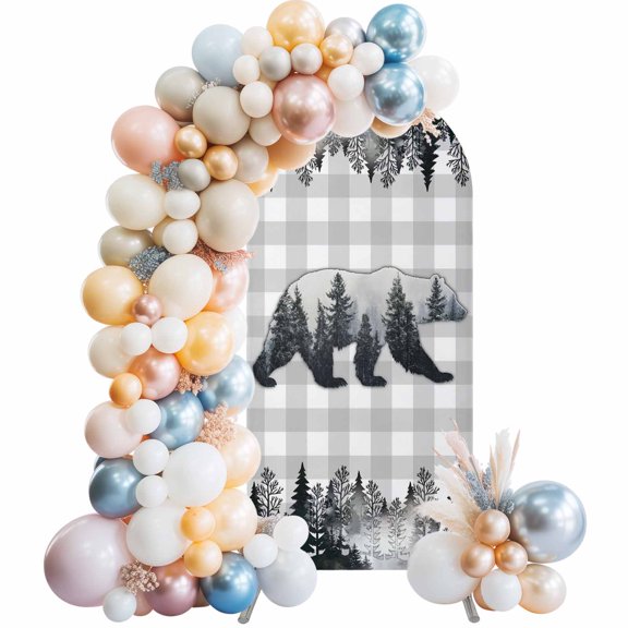 Arch Backdrop Cover 7.2 ft Forest Bear Arch Backdrop Stretch Animal Retro Pine Tree Grey Plaid Photo Background Arch Covers for Wedding Party Birthday Ceremony Banquet Decorations Balloon Arches