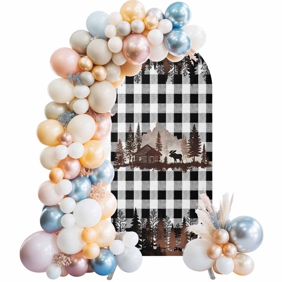 Arch Backdrop Cover 7.2 ft Forest Moose Arch Backdrop Stretch Cabin Animal Pine Tree Woodland Plaid Photo Background Arch Covers for Wedding Party Birthday Ceremony Banquet Decor Balloon Arches