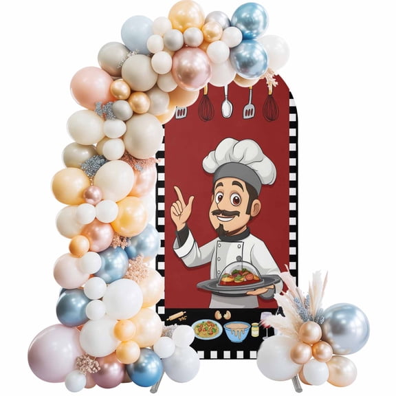 Arch Backdrop Cover 7.2 ft Funny Chef Kitchen Arch Backdrop Stretch Fabric Buffalo Plaid Check Red Photo Background Arch Covers for Wedding Party Birthday Ceremony Banquet Decorations Balloon Arches