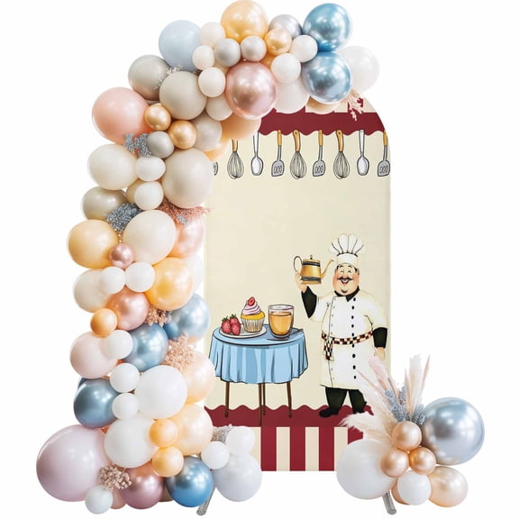 Arch Backdrop Cover 7.2 ft Funny Chef Kitchen Dessert Arch Backdrop Stretch Fabric Red Stripes Photo Background Arch Covers for Wedding Party Birthday Ceremony Banquet Decorations Balloon Arches