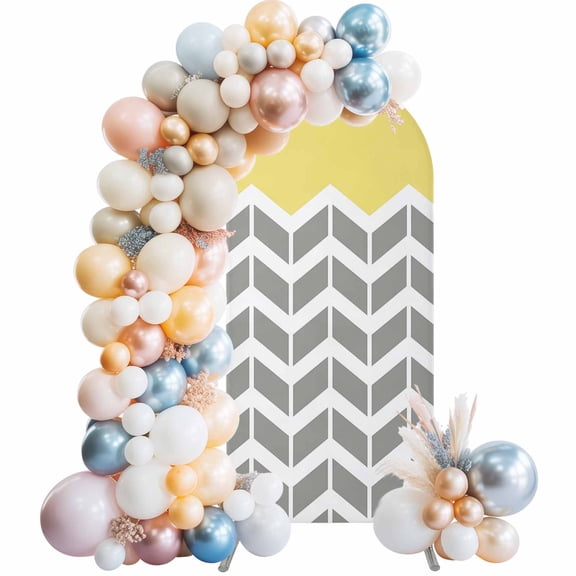 Arch Backdrop Cover 7.2 ft Geometric Chevron Yellow Arch Backdrop Stretch White and Gray Stripes Photo Background Arch Covers for Wedding Party Birthday Ceremony Banquet Decorations Balloon Arches