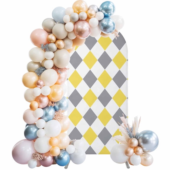 Arch Backdrop Cover 7.2 ft Gray Yellow Plaid Arch Backdrop Stretch Fabric Geometric Diamond Shapes Photo Background Arch Covers for Wedding Party Birthday Ceremony Banquet Decorations Balloon Arches