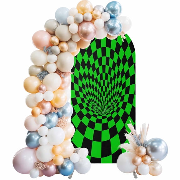 Arch Backdrop Cover 7.2 ft Green Black Checker Arch Backdrop Stretch 3D Abstract Mosaic Tiles Photo Background Arch Covers for Wedding Party Birthday Ceremony Banquet Decorations Balloon Arches