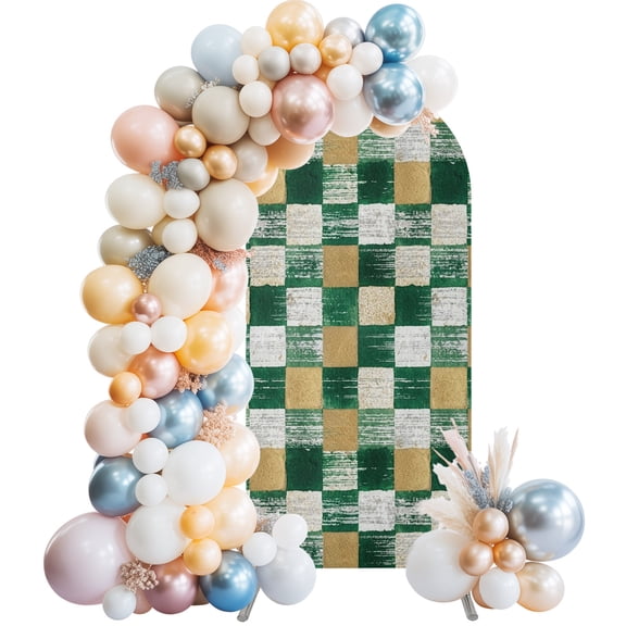 Arch Backdrop Cover 7.2 ft Green Gold Squares Block Arch Backdrop Stretch Geometric Checkerboard Photo Background Arch Covers for Wedding Party Birthday Ceremony Banquet Decorations Balloon Arches