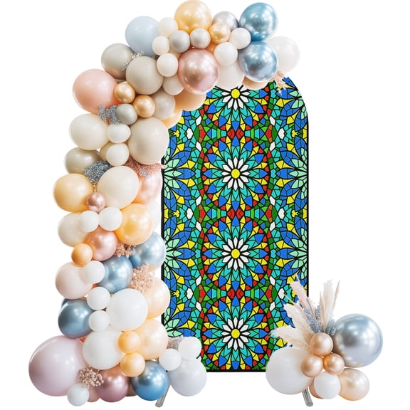 Arch Backdrop Cover 7.2 ft Green Stained Glass Flower Arch Backdrop Stretch Shiny Tiling Bohemian Photo Background Arch Covers for Wedding Party Birthday Ceremony Banquet Decorations Balloon Arches