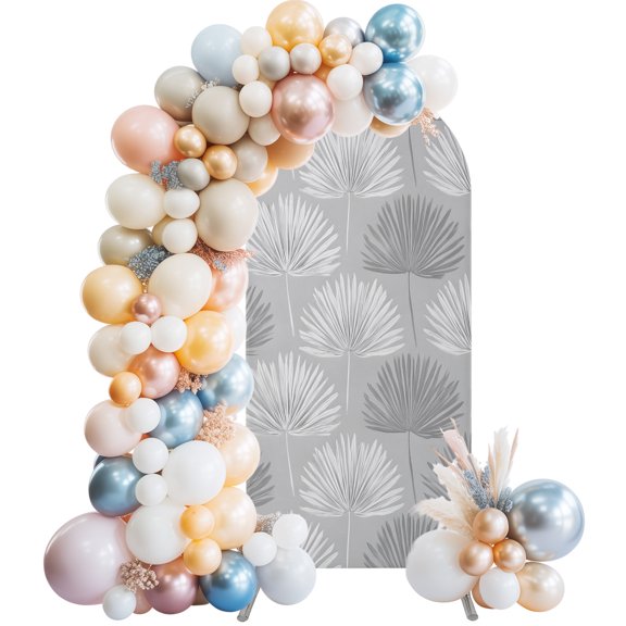 Arch Backdrop Cover 7.2 ft Grey Fan Leaves Arch Backdrop Stretch Fabric Tropical Palm Leaf Photo Background Arch Covers for Wedding Party Birthday Ceremony Banquet Decorations Balloon Arches