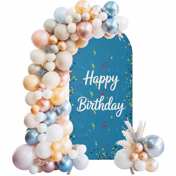 Arch Backdrop Cover 7.2 ft Happy Birthday Arch Backdrop Stretch Polka Dot Ribbon Celebration Blue Photo Background Arch Covers for Wedding Party Birthday Ceremony Banquet Decorations Balloon Arches