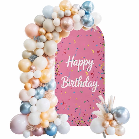 Arch Backdrop Cover 7.2 ft Happy Birthday Arch Backdrop Stretch Polka Dot Ribbon Celebration Pink Photo Background Arch Covers for Wedding Party Birthday Ceremony Banquet Decorations Balloon Arches