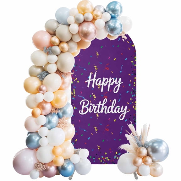 Arch Backdrop Cover 7.2 ft Happy Birthday Arch Backdrop Stretch Polka Dot Ribbon Celebration Purple Photo Background Arch Covers for Wedding Party Birthday Ceremony Banquet Decor Balloon Arches