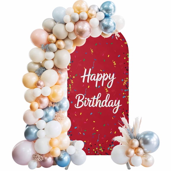 Arch Backdrop Cover 7.2 ft Happy Birthday Arch Backdrop Stretch Polka Dot Ribbon Celebration Red Photo Background Arch Covers for Wedding Party Birthday Ceremony Banquet Decorations Balloon Arches