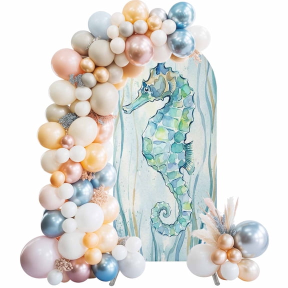 Arch Backdrop Cover 7.2 ft Hippocampus Arch Backdrop Stretch Fabric Ocean Marin Life Teal Coral Photo Background Arch Covers for Wedding Party Birthday Ceremony Banquet Decorations Balloon Arches