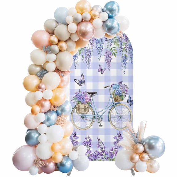 Arch Backdrop Cover 7.2 ft Lavender Bicycle Arch Backdrop Stretch Butterfly Wisteria Flower Purple Plaid Photo Background Arch Covers for Wedding Party Birthday Ceremony Banquet Decor Balloon Arches