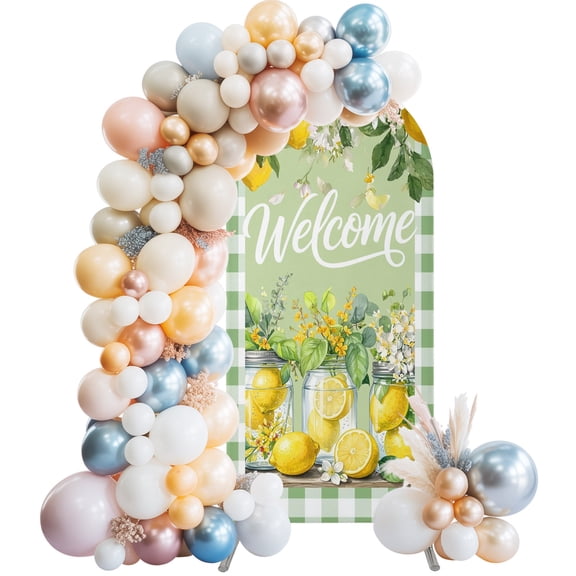 Arch Backdrop Cover 7.2 ft Lemon Mason Jars Arch Backdrop Stretch Summer Fruit Green Plaid Welcome Photo Background Arch Covers for Wedding Party Birthday Ceremony Banquet Decorations Balloon Arches
