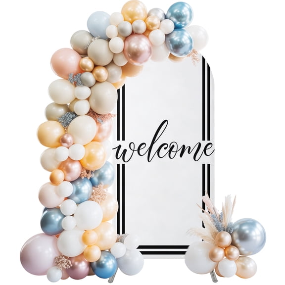 Arch Backdrop Cover 7.2 ft Letter Welcome Arch Backdrop Stretch Fabric Minimalist White Stripes Photo Background Arch Covers for Wedding Party Birthday Ceremony Banquet Decorations Balloon Arches