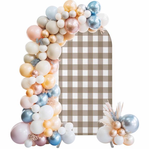 Arch Backdrop Cover 7.2 ft Light Brown Buffalo Check Plaid Arch Backdrop Stretch Farmhouse Style Photo Background Arch Covers for Wedding Party Birthday Ceremony Banquet Decorations Balloon Arches