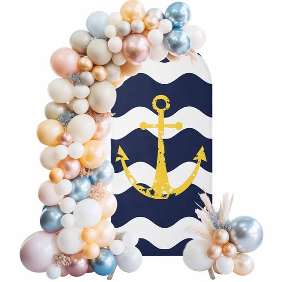 Arch Backdrop Cover 7.2 ft Nautical Anchor Arch Backdrop Stretch Blue and White Wave Stripes Photo Background Arch Covers for Wedding Party Birthday Ceremony Banquet Decorations Balloon Arches