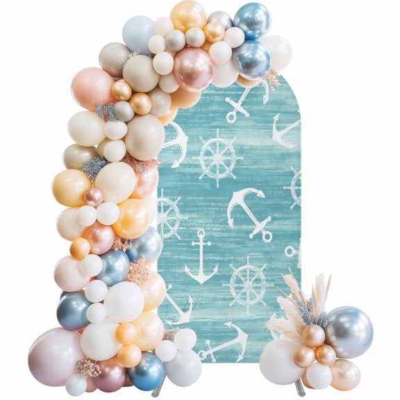 Arch Backdrop Cover 7.2 ft Nautical Anchors Rudder Arch Backdrop Stretch Coastal Ocean Turquoise Photo Background Arch Covers for Wedding Party Birthday Ceremony Banquet Decorations Balloon Arches