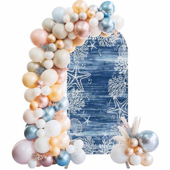 Arch Backdrop Cover 7.2 ft Navy Blue Coral Starfish Arch Backdrop Stretch Summer Ocean Beach Shell Photo Background Arch Covers for Wedding Party Birthday Ceremony Banquet Decorations Balloon Arches