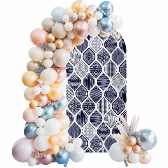 Arch Backdrop Cover 7.2 ft Navy Blue Geometric Arch Backdrop Stretch Abstract Moroccan Texture Photo Background Arch Covers for Wedding Party Birthday Ceremony Banquet Decorations Balloon Arches