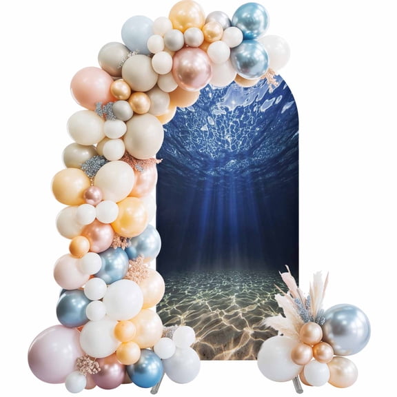 Arch Backdrop Cover 7.2 ft Ocean Beaches Arch Backdrop Stretch Fabric Navy Blue Light Clear Water Photo Background Arch Covers for Wedding Party Birthday Ceremony Banquet Decorations Balloon Arches