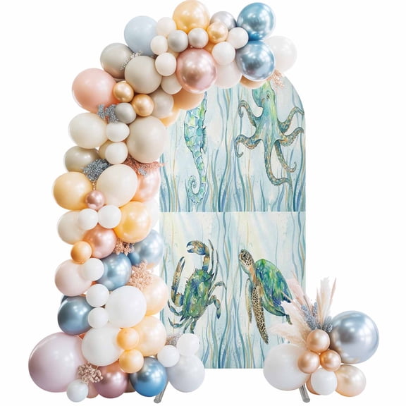 Arch Backdrop Cover 7.2 ft Ocean Marin Life Arch Backdrop Stretch Teal Coral Turtle Crab Octopus Photo Background Arch Covers for Wedding Party Birthday Ceremony Banquet Decorations Balloon Arches