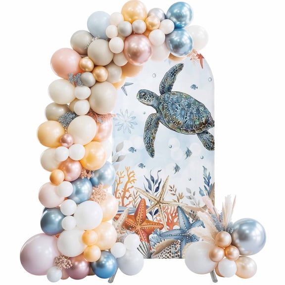 Arch Backdrop Cover 7.2 ft Ocean Sea Turtle Arch Backdrop Stretch Coastal Starfish Coral Shell Photo Background Arch Covers for Wedding Party Birthday Ceremony Banquet Decorations Balloon Arches