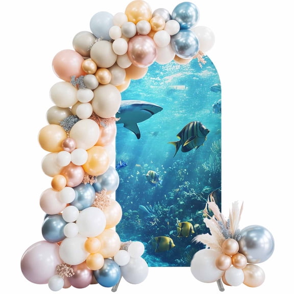 Arch Backdrop Cover 7.2 ft Ocean Seabed Arch Backdrop Stretch Fabric Coral Shark Fish Photo Background Arch Covers for Wedding Party Birthday Ceremony Banquet Decorations Balloon Arches