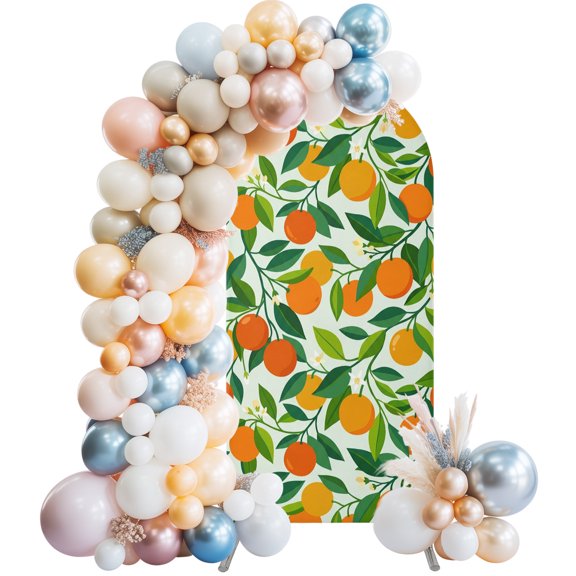Arch Backdrop Cover 7.2 ft Orange Arch Backdrop Stretch Fabric Summer Fruit Green Leaves Branches Photo Background Arch Covers for Wedding Party Birthday Ceremony Banquet Decorations Balloon Arches